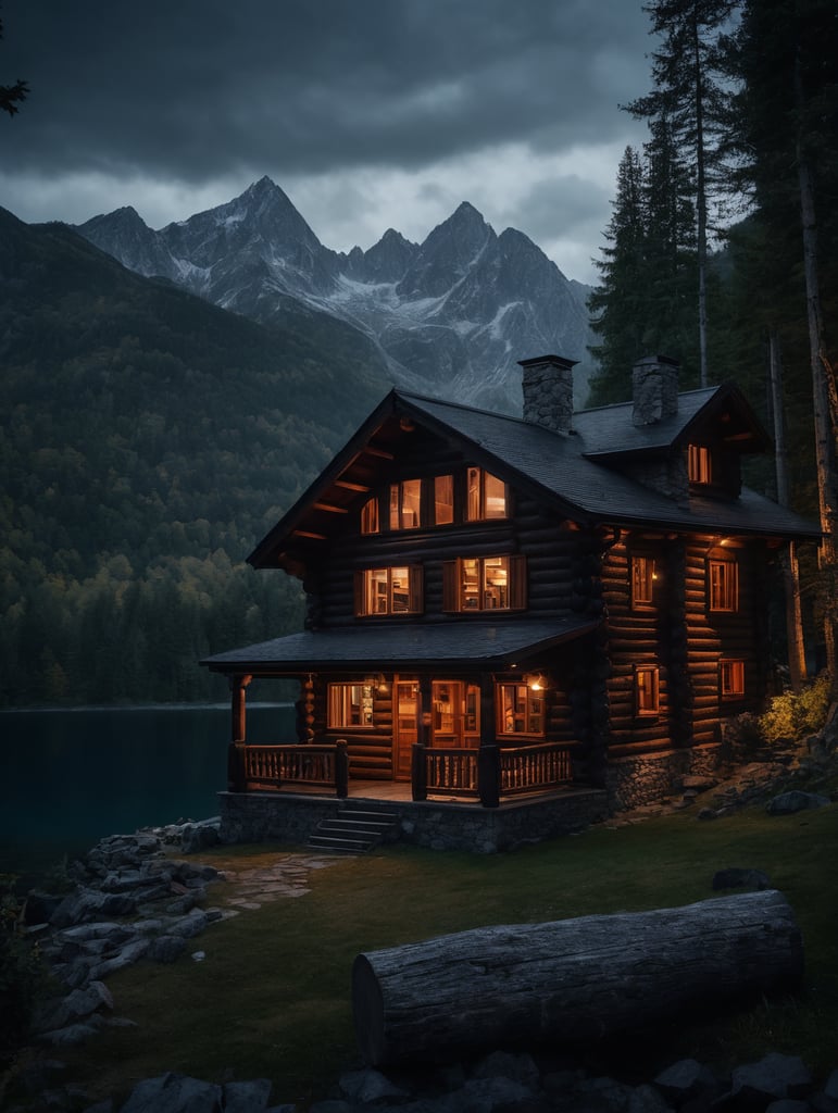 Professional evening photo of a small and cozy Log mountain house, mountains, lake, forest
