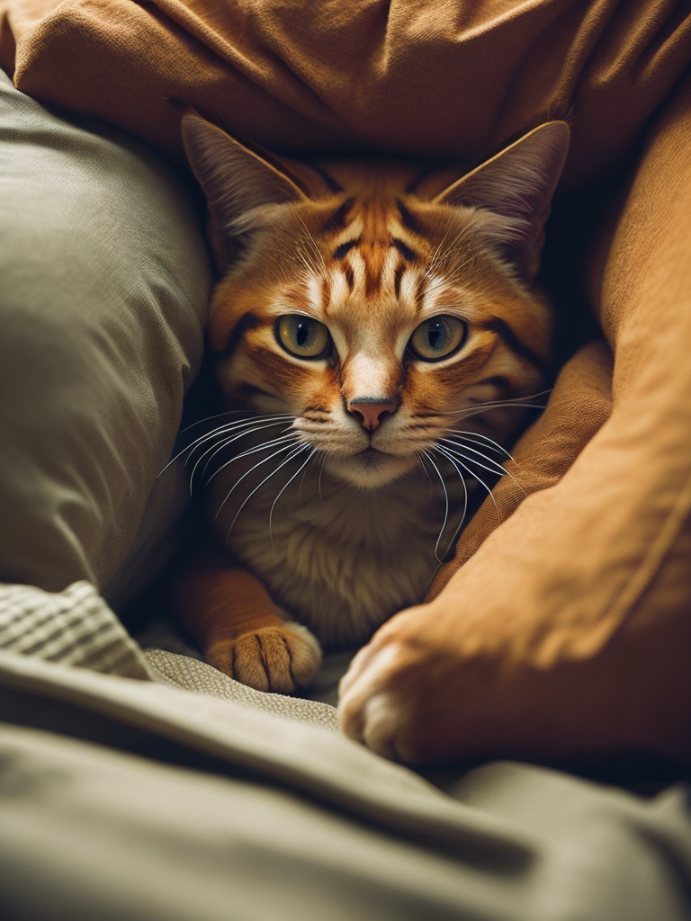 Рыжий кот спит со смешным лицом на кровати с бежевым одеялом. В стиле реализм.