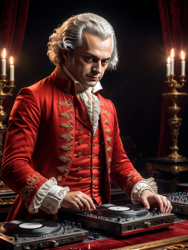 wolfgang amadeus mozart in a 18th century red suit making music on a dj table