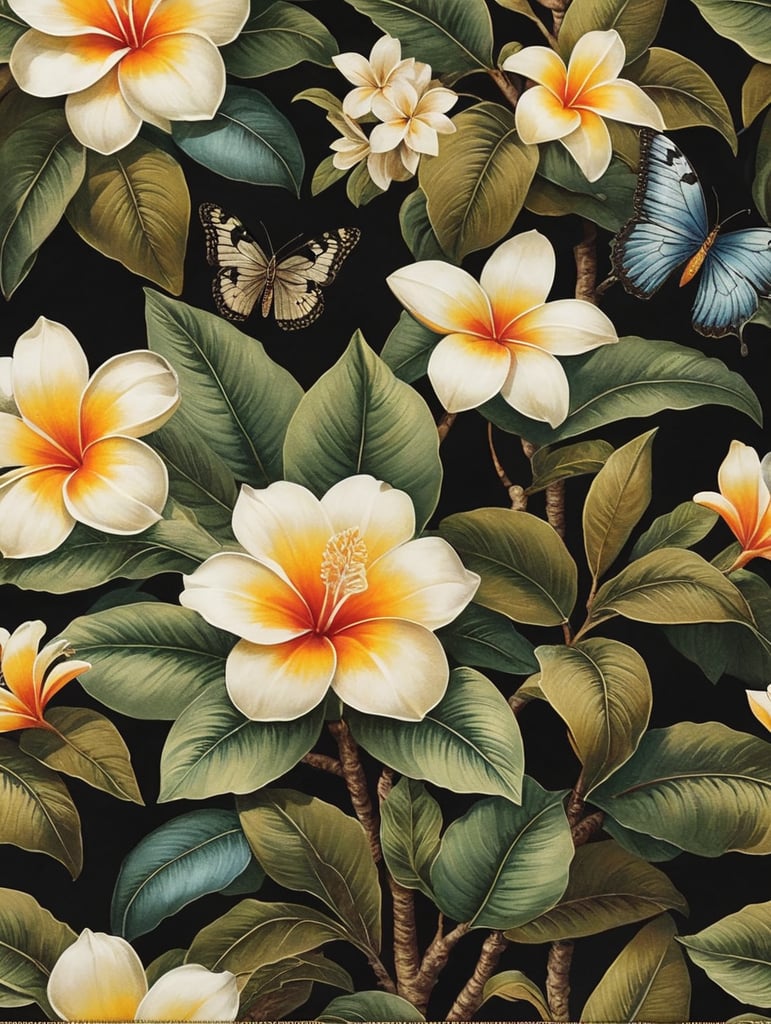 Oriental luxury floral patterns in the style of Balinese and Peranakan culture::1 trailing blousy Frangipani blooms::1.25 fabric [1 butterfly flying on a tree, Frangipani, botanical mango leaves, oriental floral] prints::5 opulent florals with an Indienne twist::olive colour:1 ostentatious feminity::1 repeating seamless pattern::4 patternbank::1 wide angle::2::flemish baroque::rococo --no watermark, text --v 4