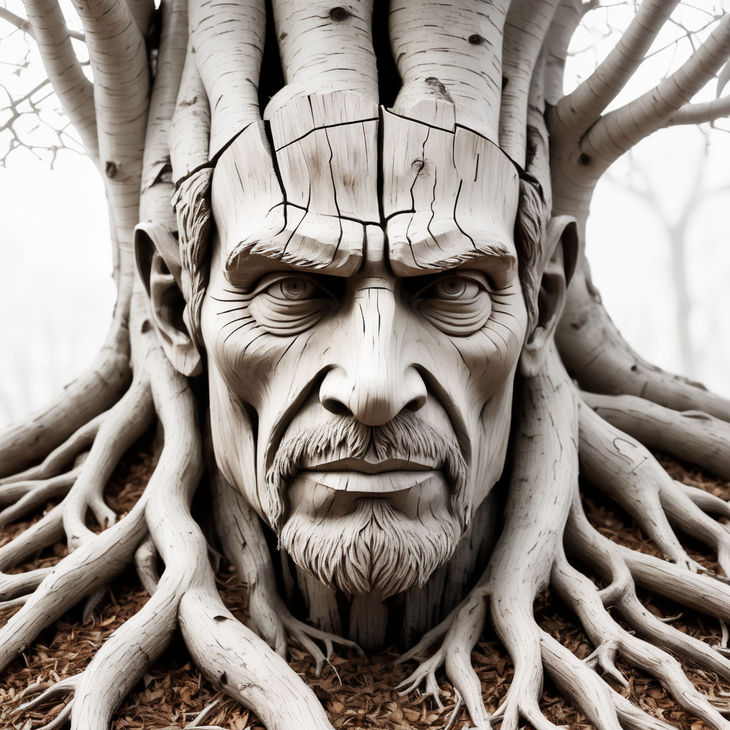 A man made of wood and tree roots Totally depressed