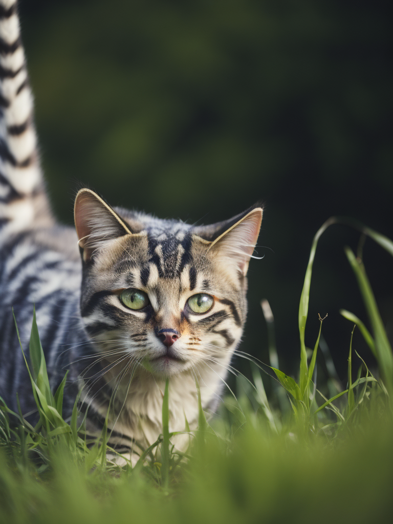 raibs kaķis zaļā zālē
