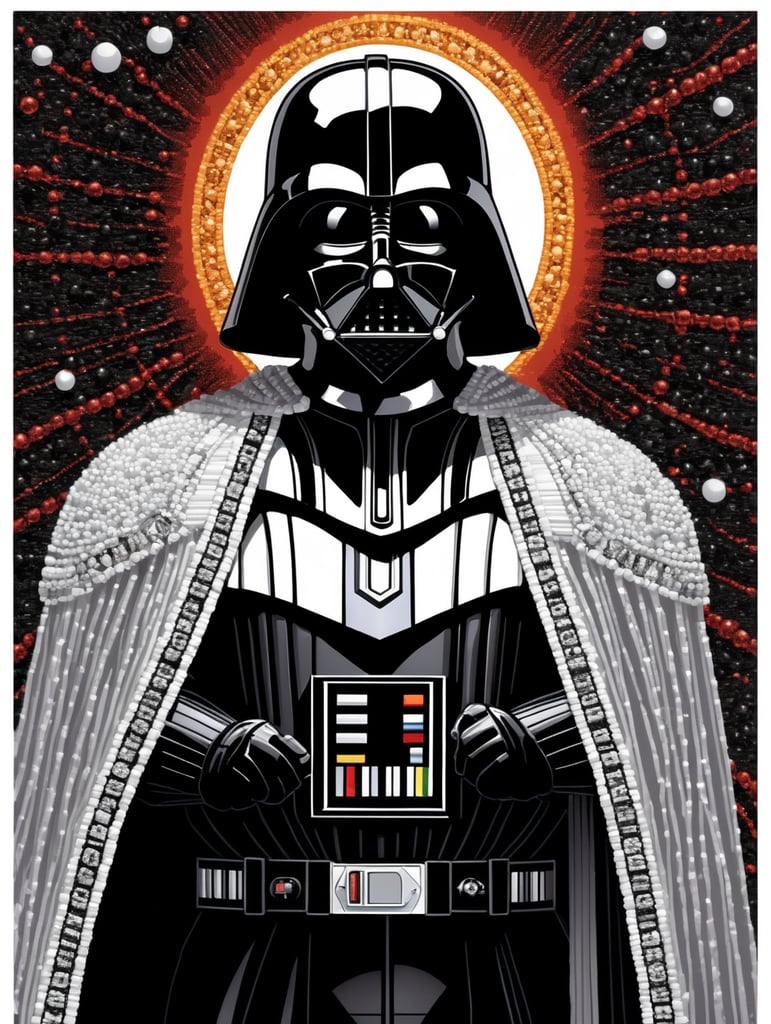 cross stitch pattern with Darth Vader in the style of fujifilm natura 1600, white and black, expressive comic panels, made of beads and yarn, craftcore, skillful, free brushwork