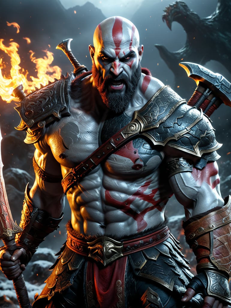 how would Kratos look in real life with blades of Chaos and Leviathan Exe?