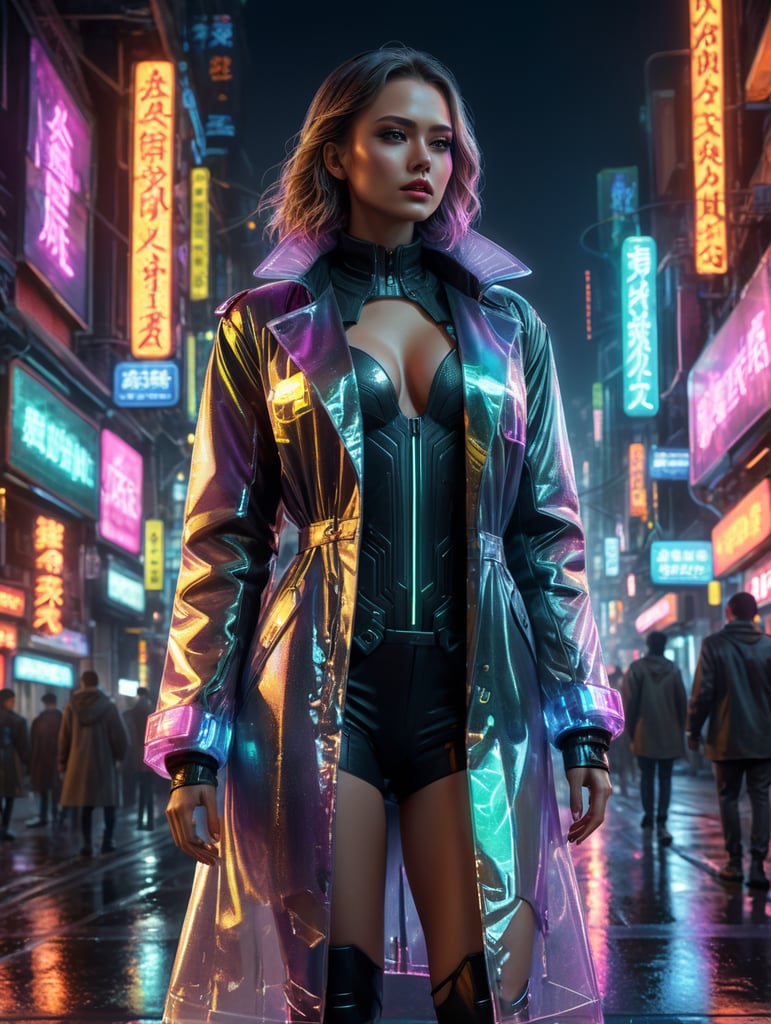 A women wearing translucent coat, standing on a street, neon cyber city, dark night, neon signs