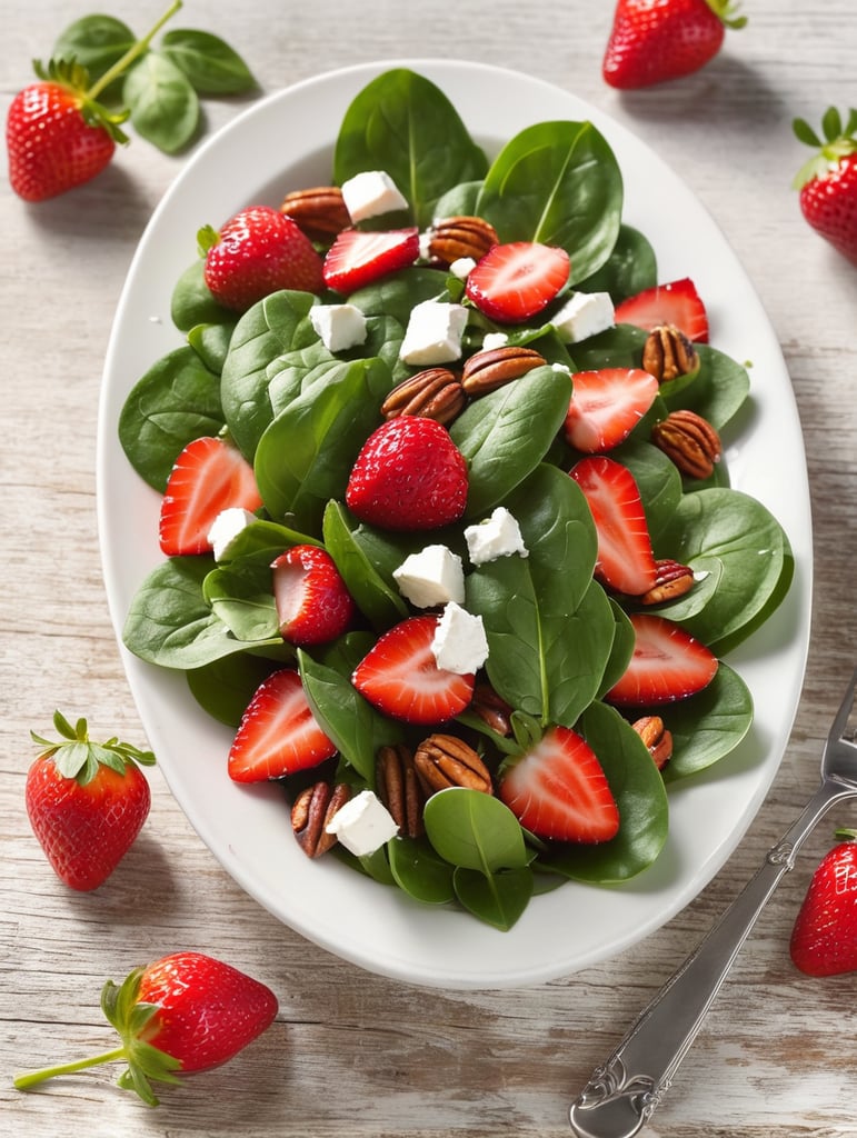Spinach and Strawberry Salad, small plate on a wooden table, Description: A sweet and savory combination of fresh baby spinach, ripe strawberries, goat cheese, and candied pecans, often served with a balsamic vinaigrette.