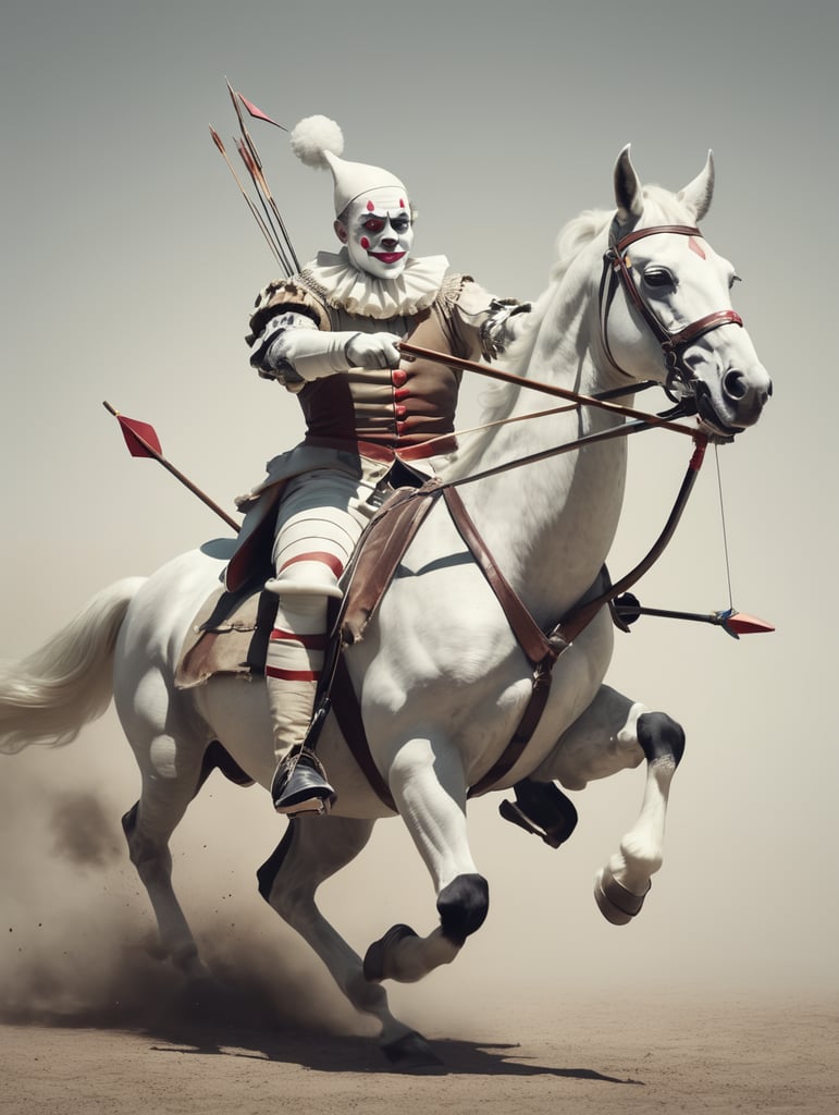 Pierrot clown riding a horse firing a bow and arrow