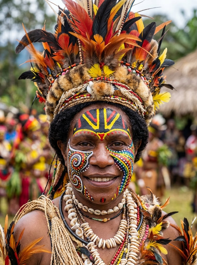 Papua New Guinea women headshot with colorful headgear, face paint showing paintings from Jiwaka, East New Britain and Goroka provinces
