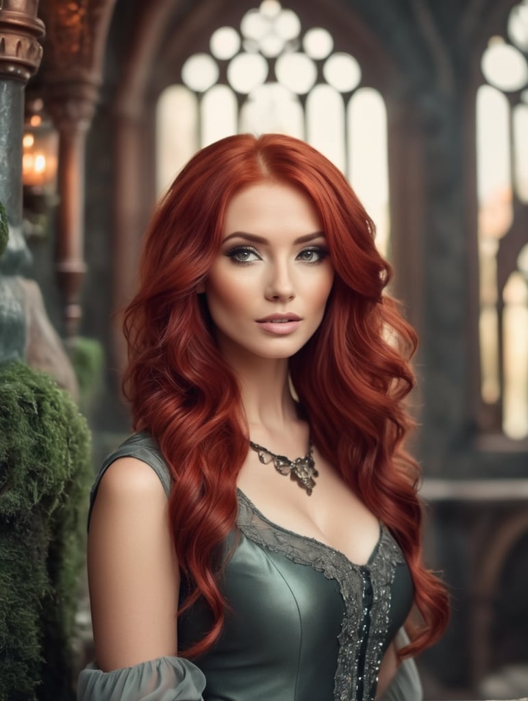 Beautiful woman with red hair in an enchanted castle