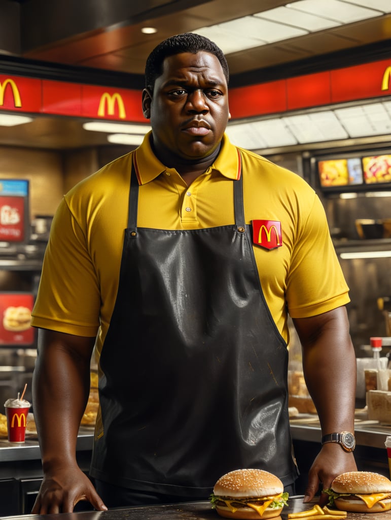 Biggie Smalls as a McDonald's worker. totally sweaty, yellow polo shirt