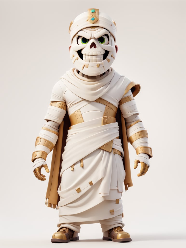 A photograph of mummy costume covered in bandages for a male character with fortnite style, halloween costume, white background, full body