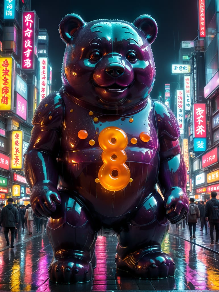 A giant Japanese gummy bear, translucent, 4 stories tall, walking through Tokyo at night, neon rainy city, cyberpunk, techno city