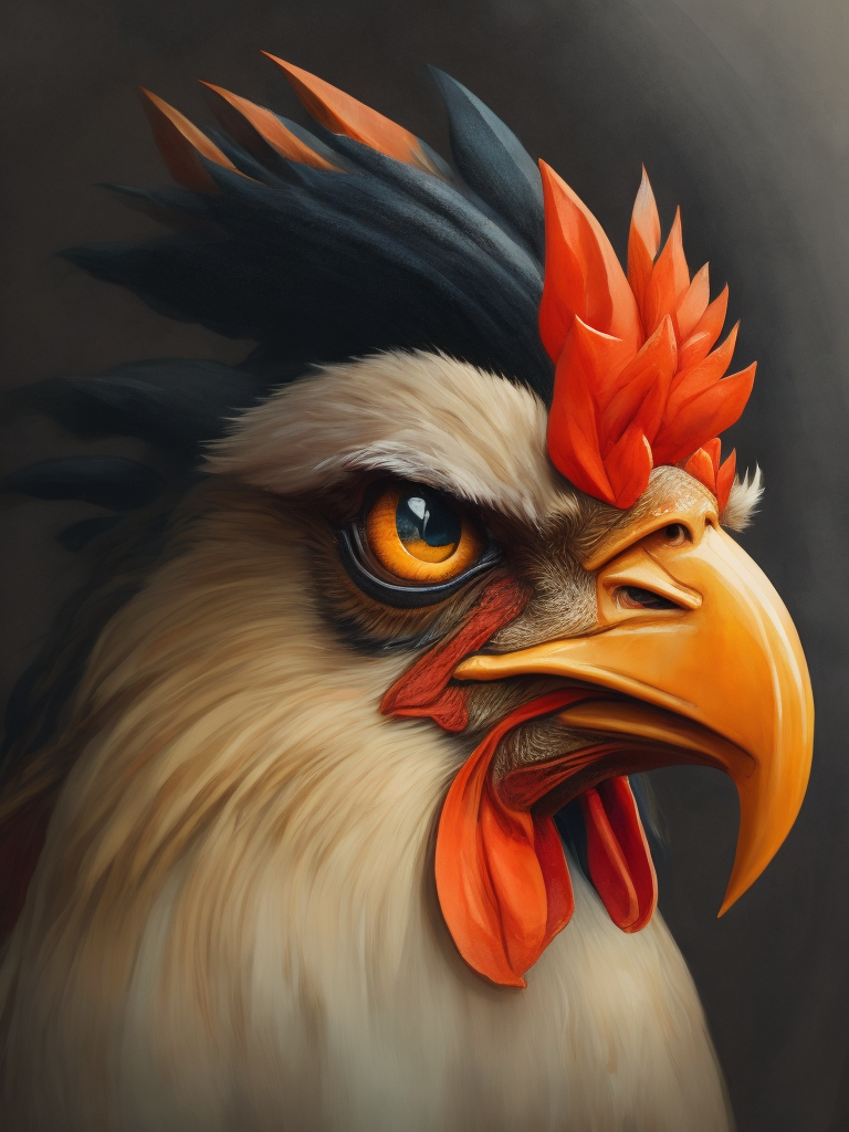 grumpy old rooster head with large eyes, contained in a circle