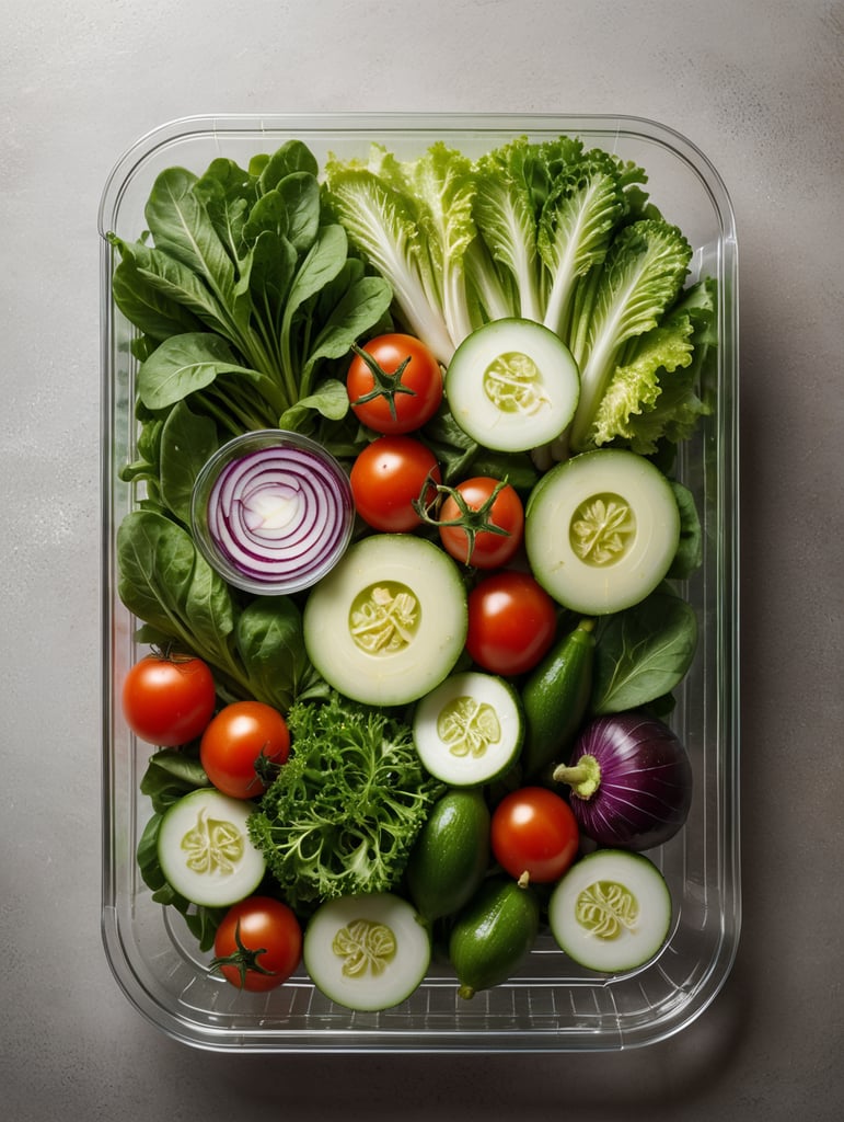 green salad and vegetables in a transparent plastic tray, top view, isolated, mockup