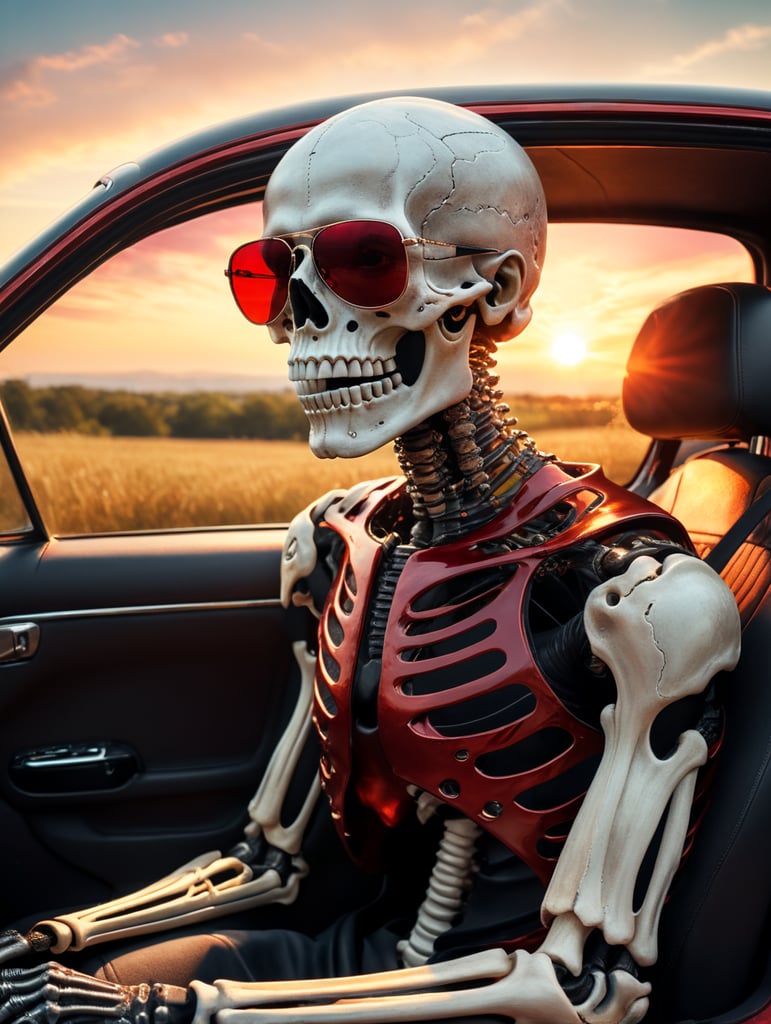 skeleton in sunglasses sitting in car in summer sunset stock photo, in the style of stylized realism, glamorous pin - ups, dark black and red, realistic color palette, sunrays shine upon it, machine aesthetics,futuristic