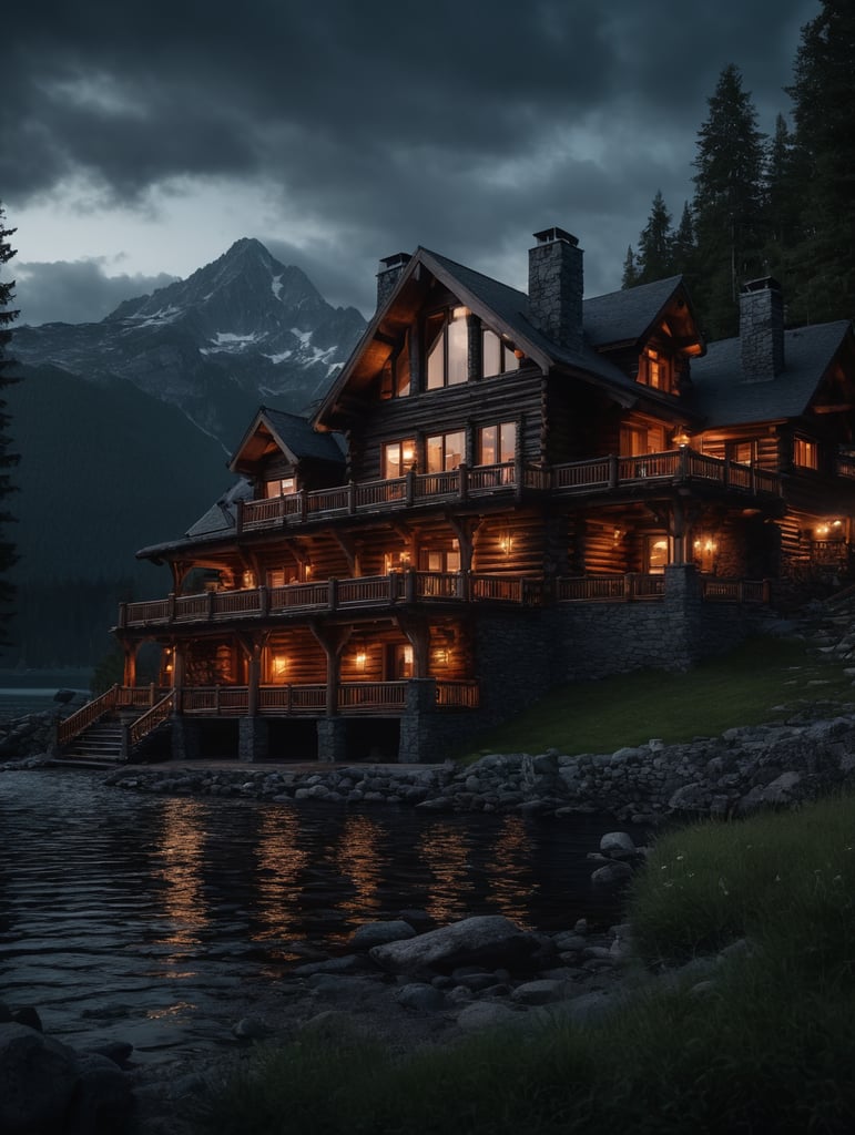 Professional evening photo of a Log mountain house, mountains, lake, forest
