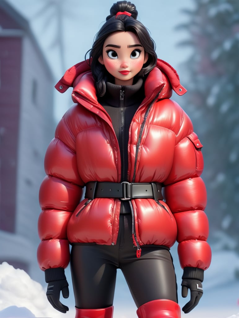 full body girl in a red glossy puffer jacket with bulky belt and massive zipper tab around waist and red glossy down puffer boots