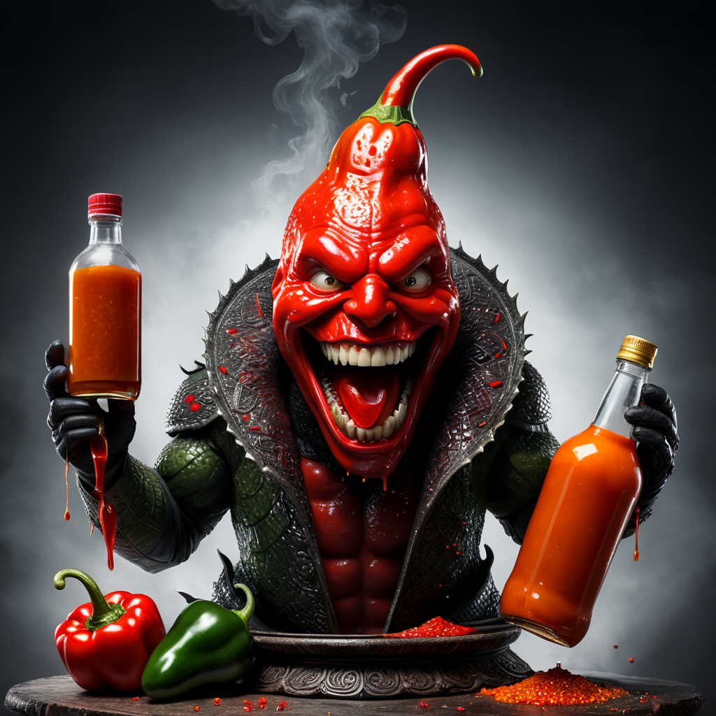 Draw an abstract image of a person represented as a set of scales, with red pepper on one side and a can of hot sauce on the other, where the red pepper side is tipping the scales.