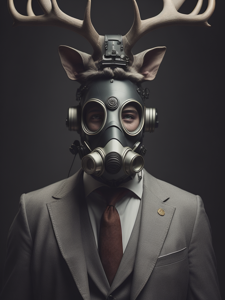 suit wearing people wearing gasmask and 12-point stag deer antlers protruding from the head : the mouth of the gas mask face is connecting to a respirator hose, postmodernist government archive portrait stanley kubrik wes anderson
