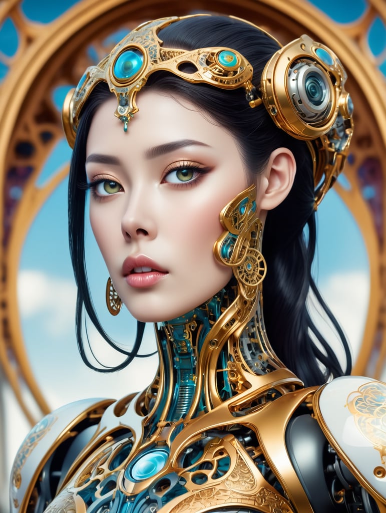 A female robot with an art Nouveau cyberpunk aesthetic, body is made from a delicate mechanical ornamental exterior reminiscent of a delicate gleaming porcelain and gold trimmed filigree should reveal a hollow see through body, hyper-surrealistic detailed 3d rendering digital art style, background galaxy sky