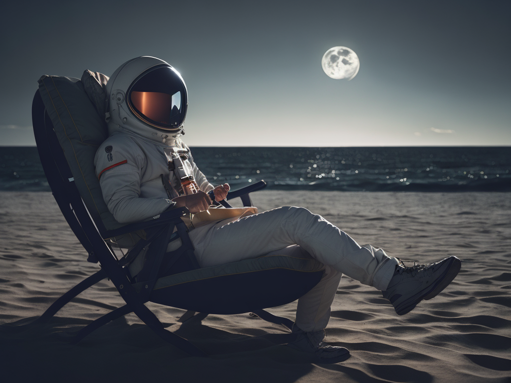 Soviet astronaut resting on moon in a beach chair, vibrant lighting, elegant, highly detailed, smooth, sharp focus, illustration, beautiful, geometric, trending on artstation, full body