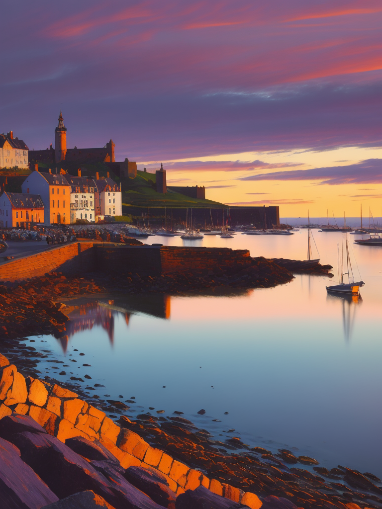 A painting by Andre Lhote. A painting of Dunbar Harbour at sunset captures the tranquil beauty and historic character of this Scottish harbor through an engaging fusion of Cubist and Fauvist styles. The peaceful waterfront, lined with fishing boats and surrounded by ancient castle ruins, is depicted using bold, fragmented shapes, while the surrounding rocky coastline and calm sea are rendered in warm hues of orange, pink, and purple. The scene conveys a sense of nostalgia and maritime heritage, reflecting the essence of Dunbar Harbour at sunset.