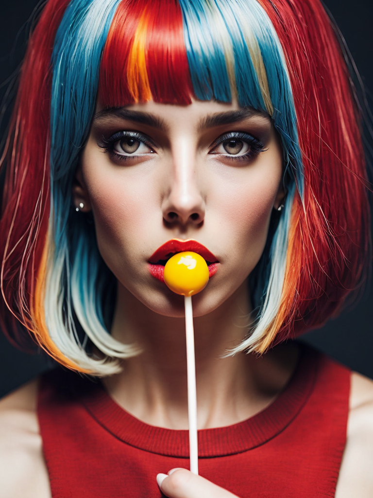 Photography of girl with a lollipop in her lips, face closeup, beauty girl in the style of Mary Quant, Vivid saturated colors, Contrast color, studio photo, professional photo, Rich colors, Detailed image, detailed face