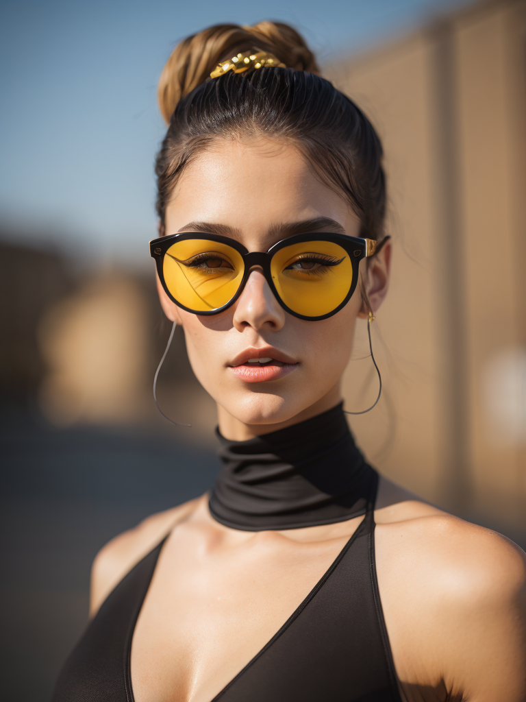 Portrait of a fashion model dressed in a black swimsuit and a yellow transparent sun glasses, Sunny weather, Contrasting light, Hair in a bun