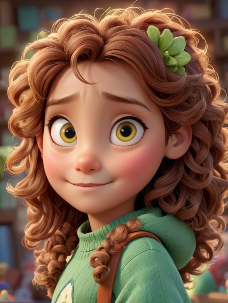 Brown-green eyes, brown very curly hair, I love mathematics and creativity