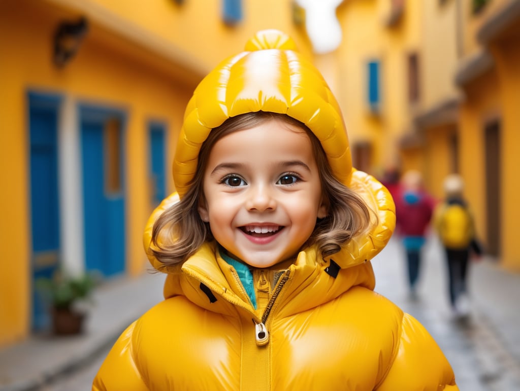 photo happy little girl going to travel, cute girl, dressed yellow inflatable puffer jacket, yellow background, harpers bizarre, cover, headshot, hyper realistic, vibrant colors