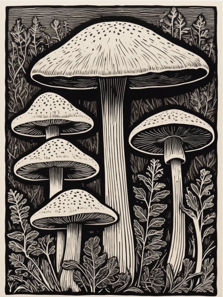 Black and white linocut or woodcut, mushroom, bold lines