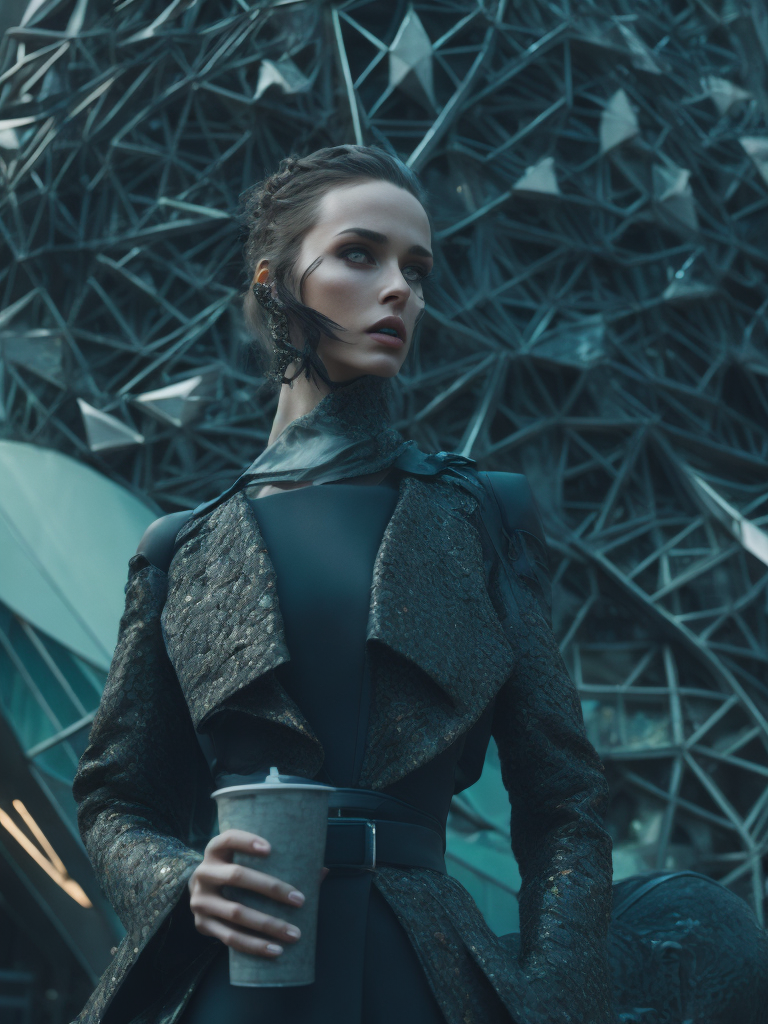 Haute couture fashion model drinking matcha tea, in the style of alexander mcqueen in front of futuristic building by gareth pugh