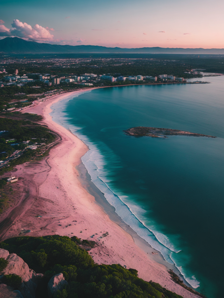 Blurry landscape of the pink sea at dawn