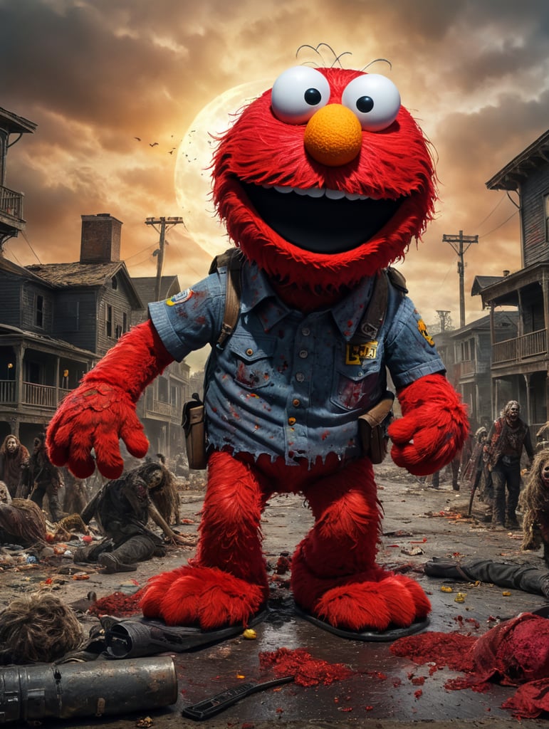 Tickle me, Elmo, ,in the walking dead, messy makeup and messy hair, Halloween costume, vivid saturated colors, highly detailed, contrast colors