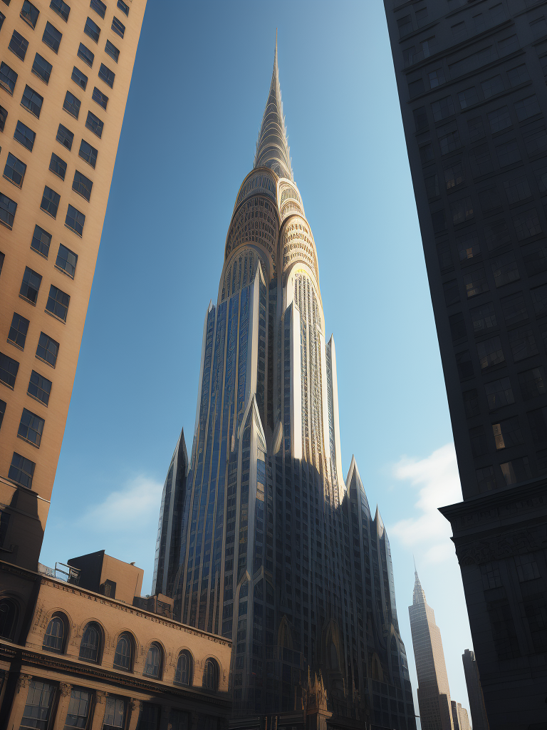 Chrysler Building, New York in the background, Blue sky, Vibrant colors, Deep colors, Contrast lighting, Sunny day, High detail, Sharp details