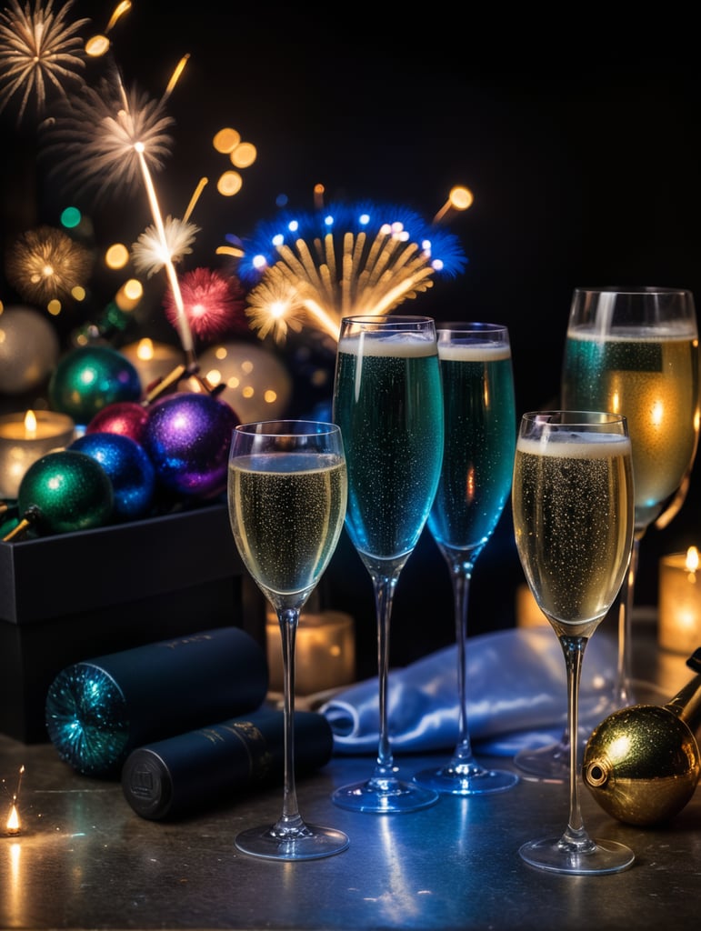 Happy New Years, champagne, fireworks, champagne glasses,