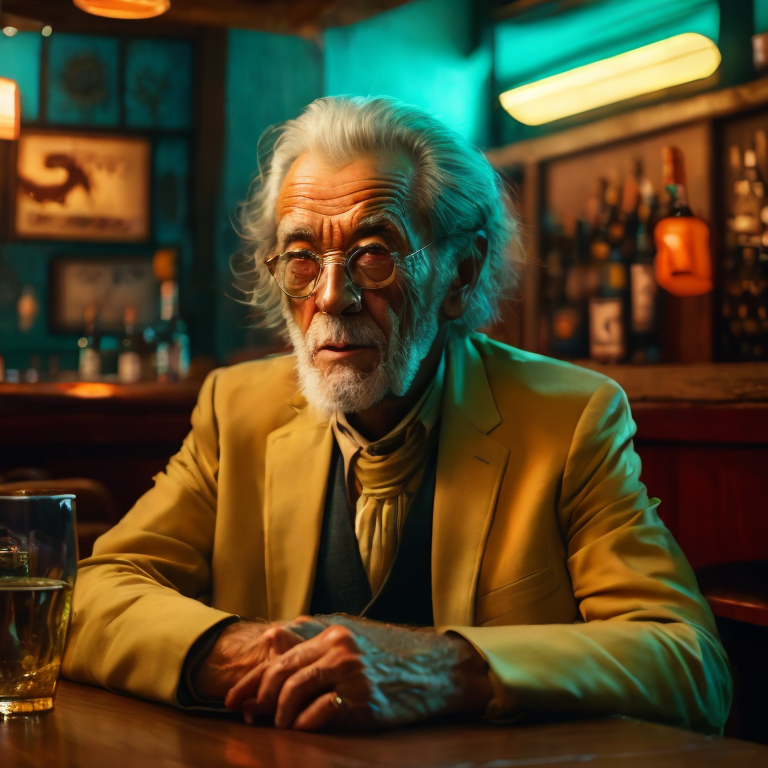 elderly man sitting at a table in a bar