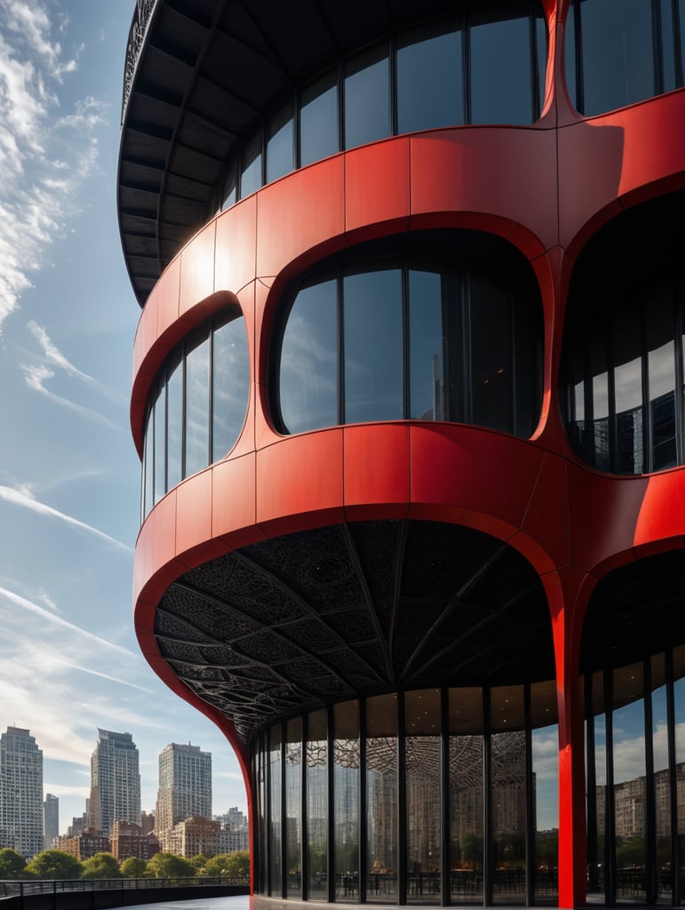 dream prompt: the craziest, bentwood, far view lens architectural modern style hyper realistic hyper detailed neocosmic exterior architecture design of a spider Fluid complex facade, geometric shapes spectrum, black::1 red:3, Antoine Blanchard architecture art style, in new york city, dramatic ambient, natural lighting, camera sony, 8k, --s1000 --style raw, you can imagine