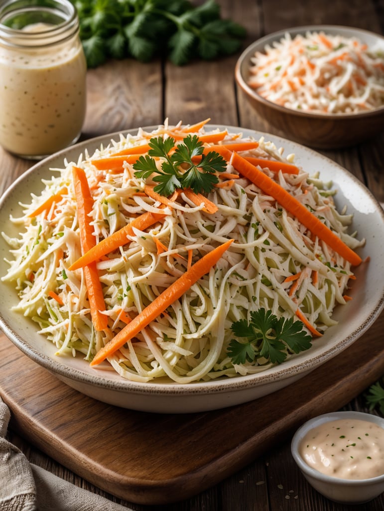 Coleslaw, small plate on a wooden table, Description: A classic side dish made from shredded cabbage and carrots, mixed with a creamy mayonnaise-based dressing or a tangy vinegar-based dressing, often served with barbecue and fried foods.