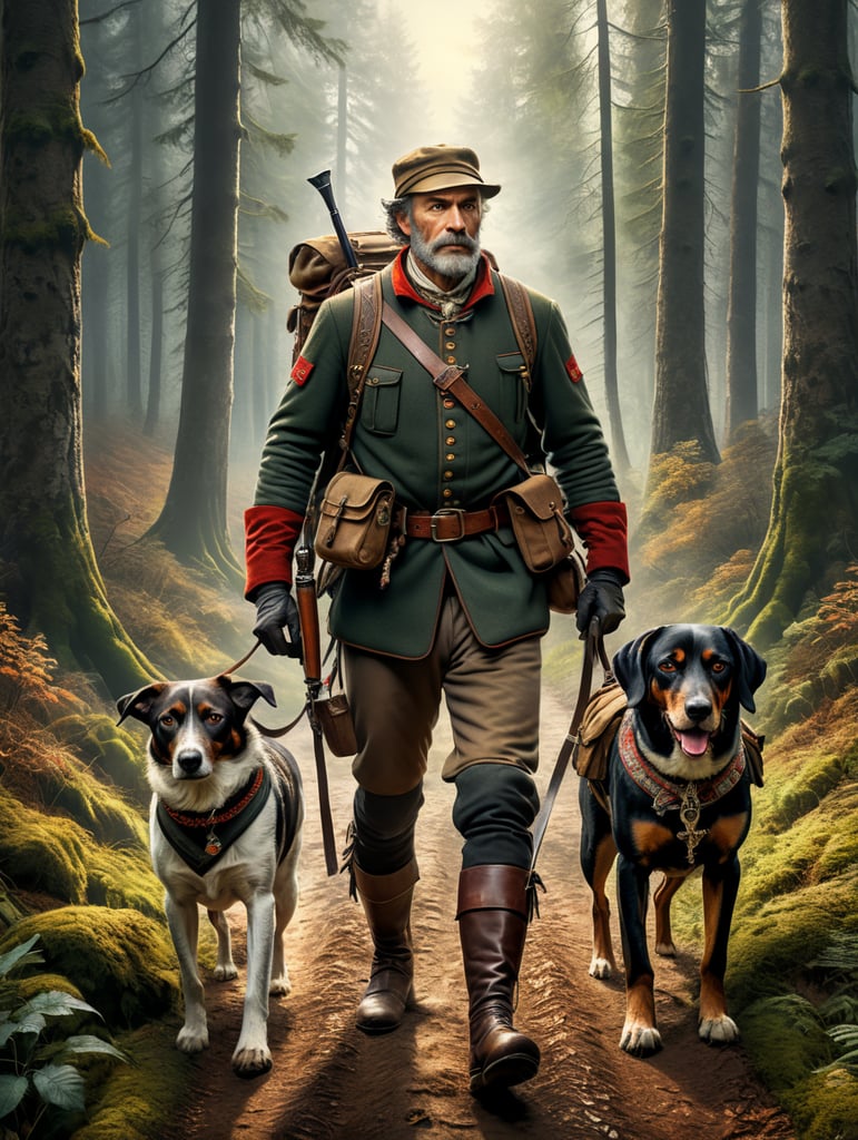 Retro poster an old Austrian hunter with a hunting dog walks along a forest path, dressed in traditional Austrian clothes, carrying a backpack with things, caught game in his belt