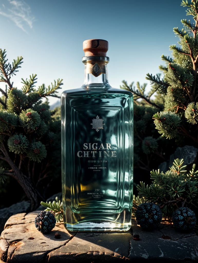 professional photography of a square gin bottle, square bottle, surrounding a juniper and juniper berries, one shot of gin in a front, no label, clear, mockup