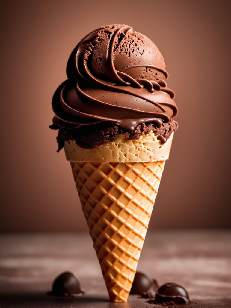 chocolate ice cream cone on chocolate background