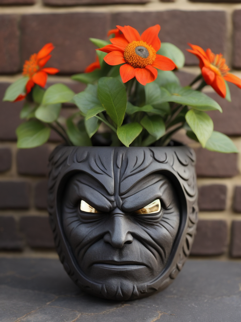super hero flower pot, deep carved black clay, dark atbosphere
