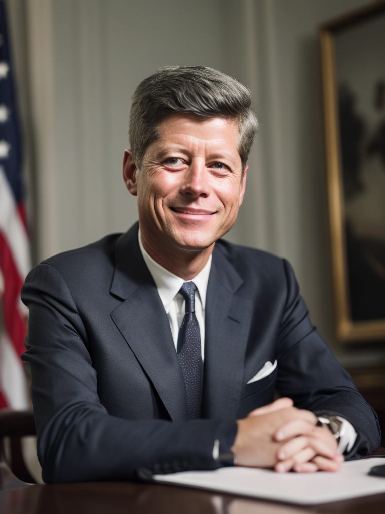Portrait of john f kennedy in a black suit, portrait in the white house oval office, sharp focus, highly detailed, photorealistic photoreal: 1.4, lifelike,highly detailed CG unified 8K,looking at the viewer smiling, (HQ skin:1.4), 8k uhd, dslr, soft lighting, high quality, film grain, Fujifilm XT3, smiling front camera.