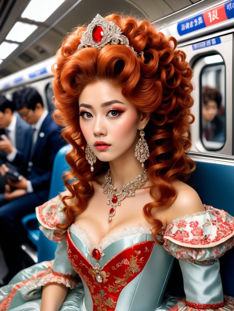 "beautiful rococo princess sitting on the japanese metro", elaborate gown, massive curly red rococo hair, head and shoulders portrait, pretty eyes, 8k photo. crowded metro with onlookers