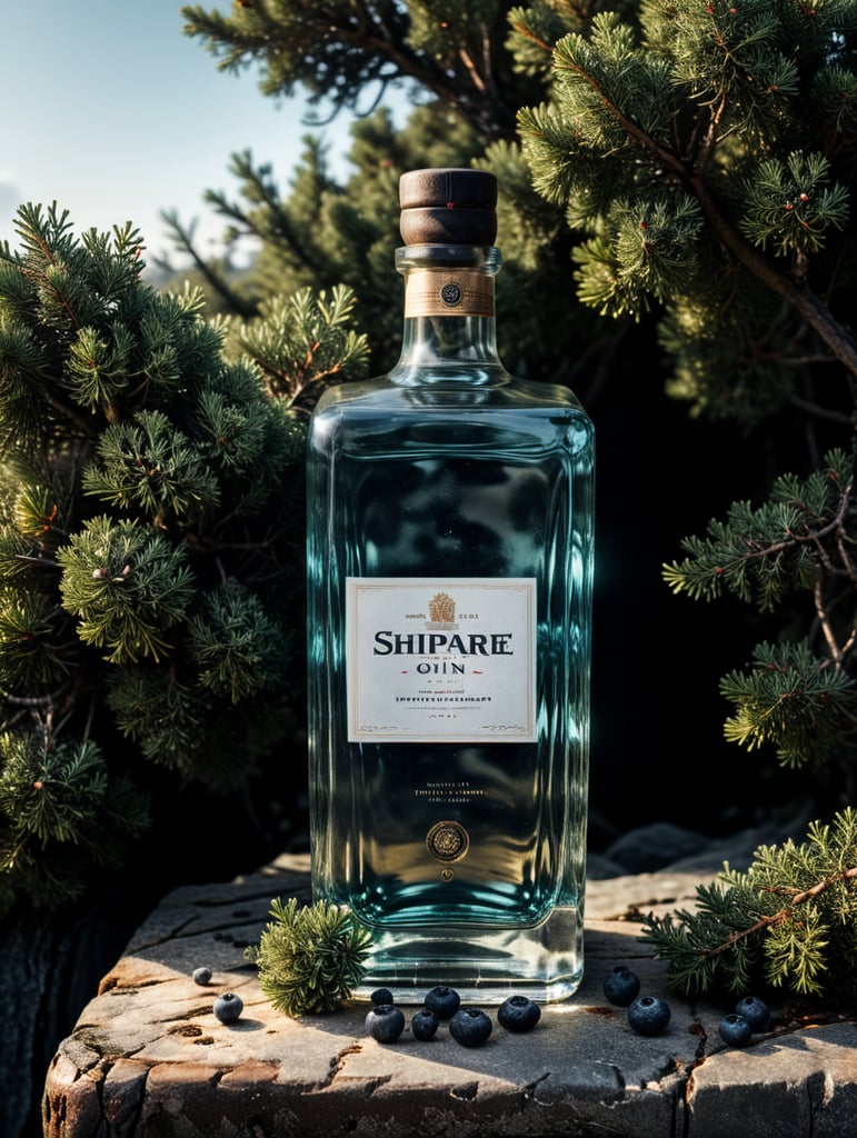 professional photography of a square gin bottle, square bottle, surrounding a juniper and juniper berries, one shot of gin in a front, no label, clear, mockup