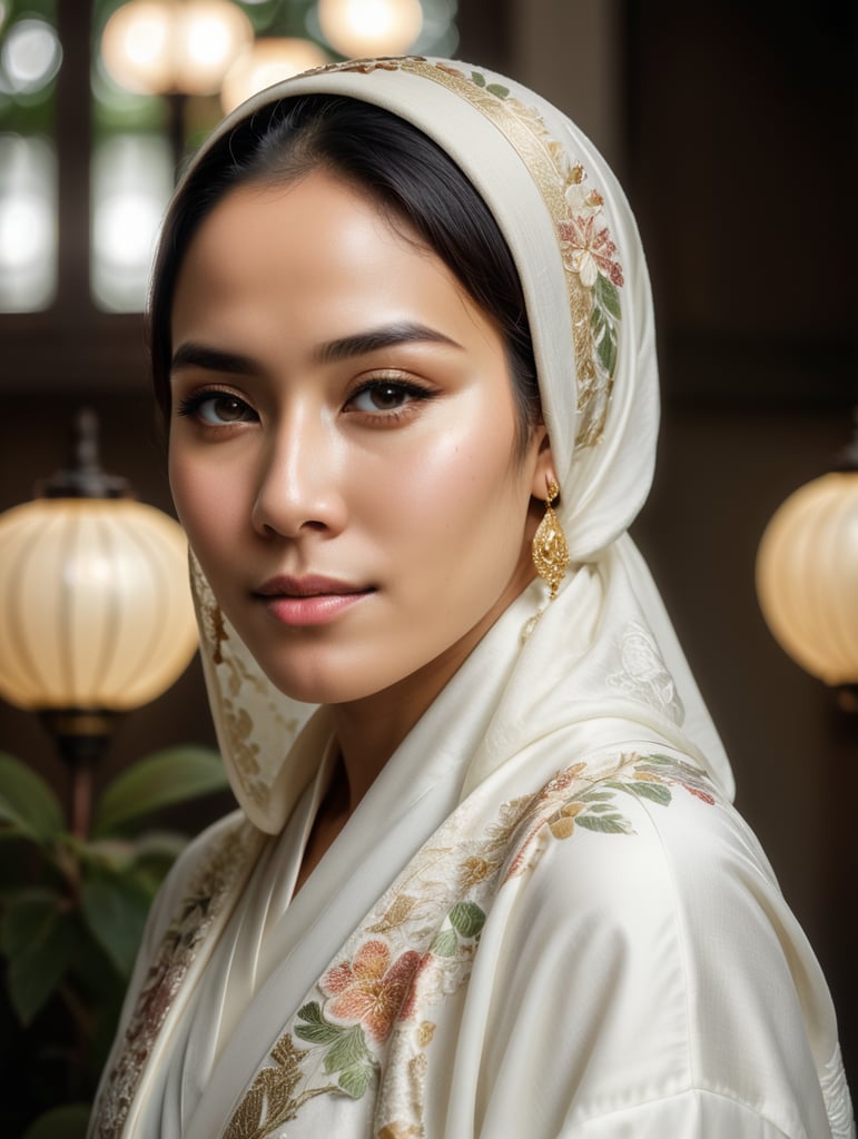 Indonesian women with hijab in white kimono