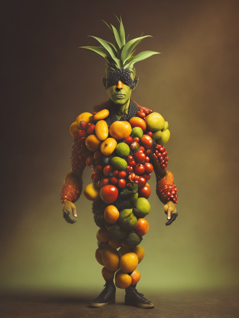 Abstract male humanoid made out of a fruits