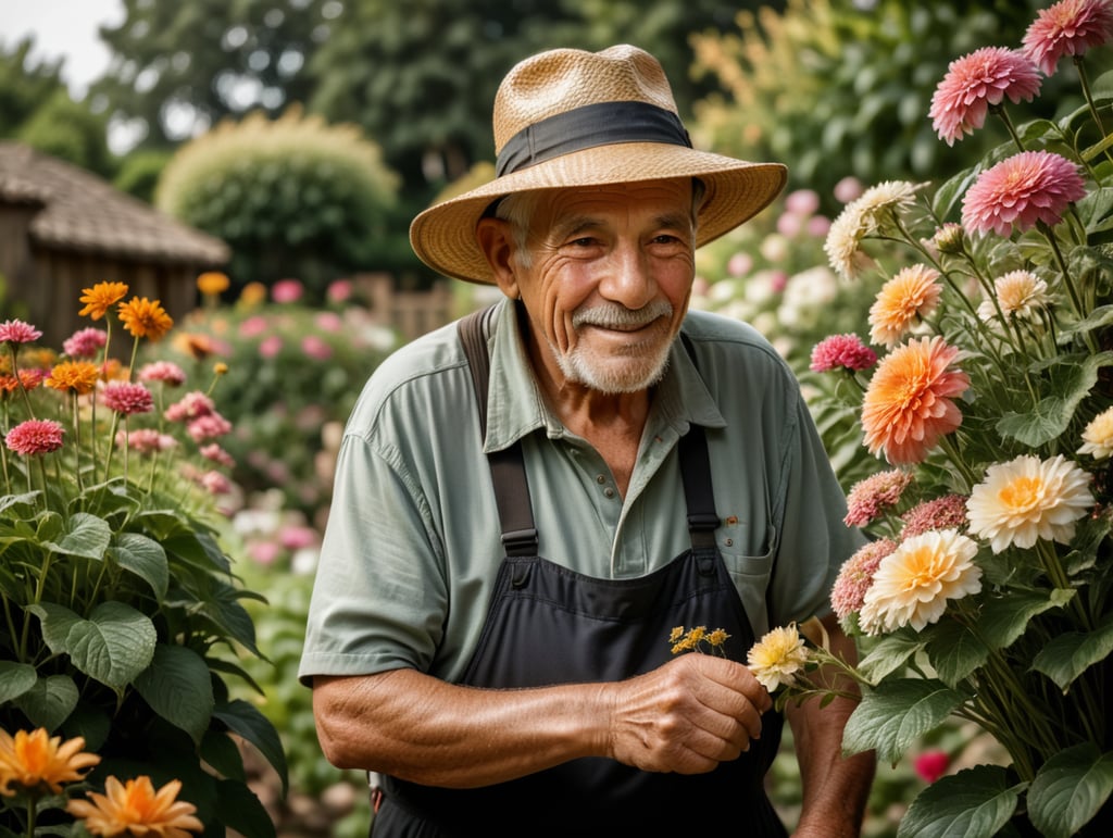 Happy elderly man gardener in straw hat looking at flowers in his garden