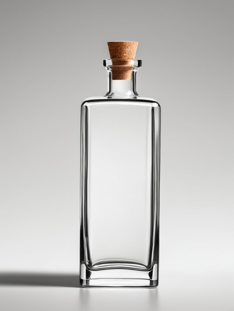 Design minimalist clear tequila bottle that’s square using 4.5” x 4.5” x 8” with the top edges being rounded and curved with bottom remaining square. Add a natural cork.